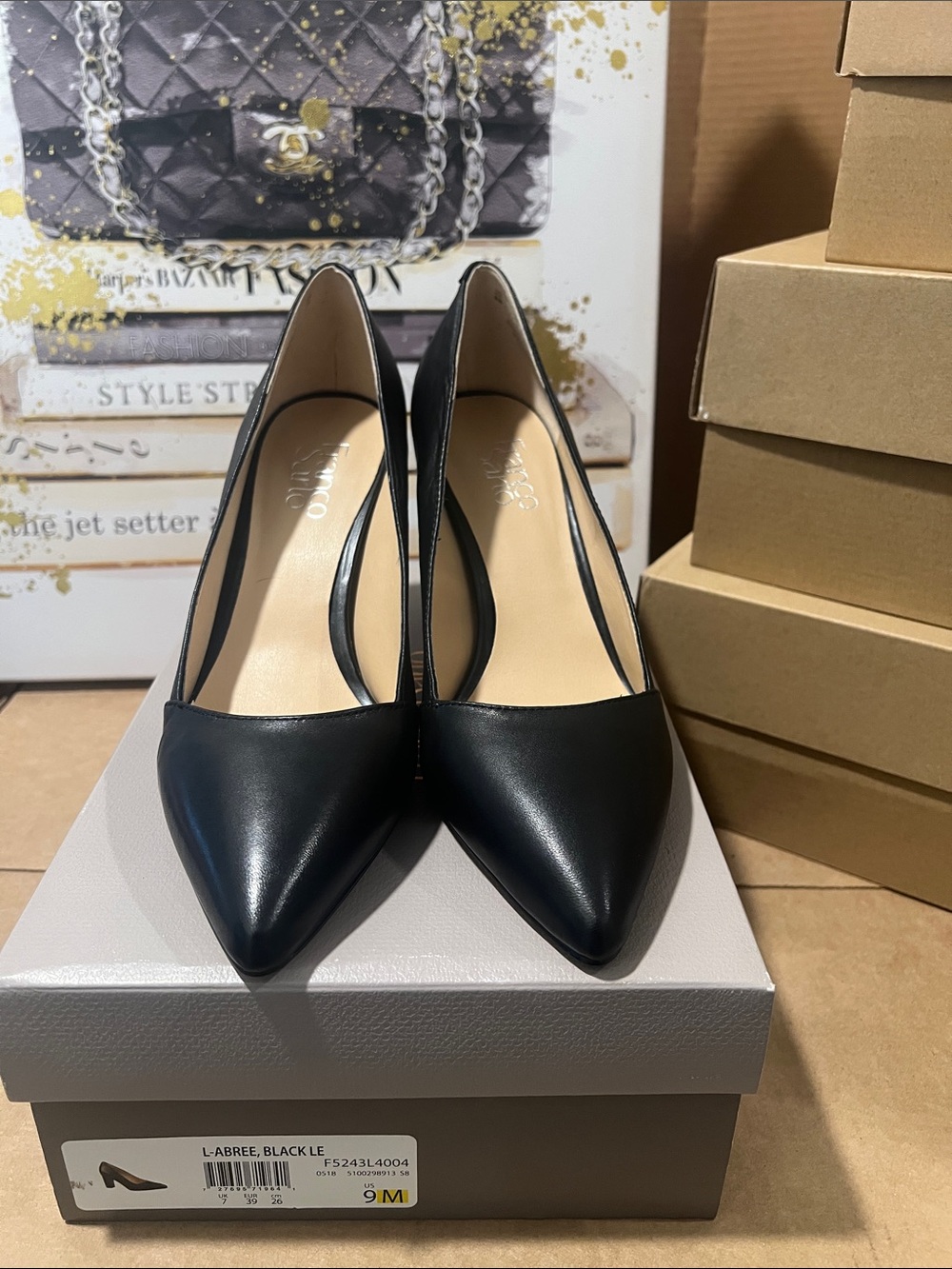 Franco Sarto Women’s Black Leather Pump L-ABREE Black Pointed-Toe Size 9